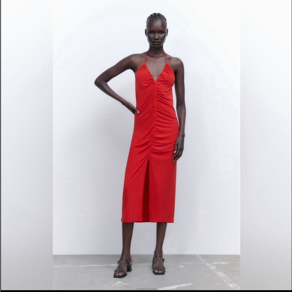 Zara rouched front slit halter dress